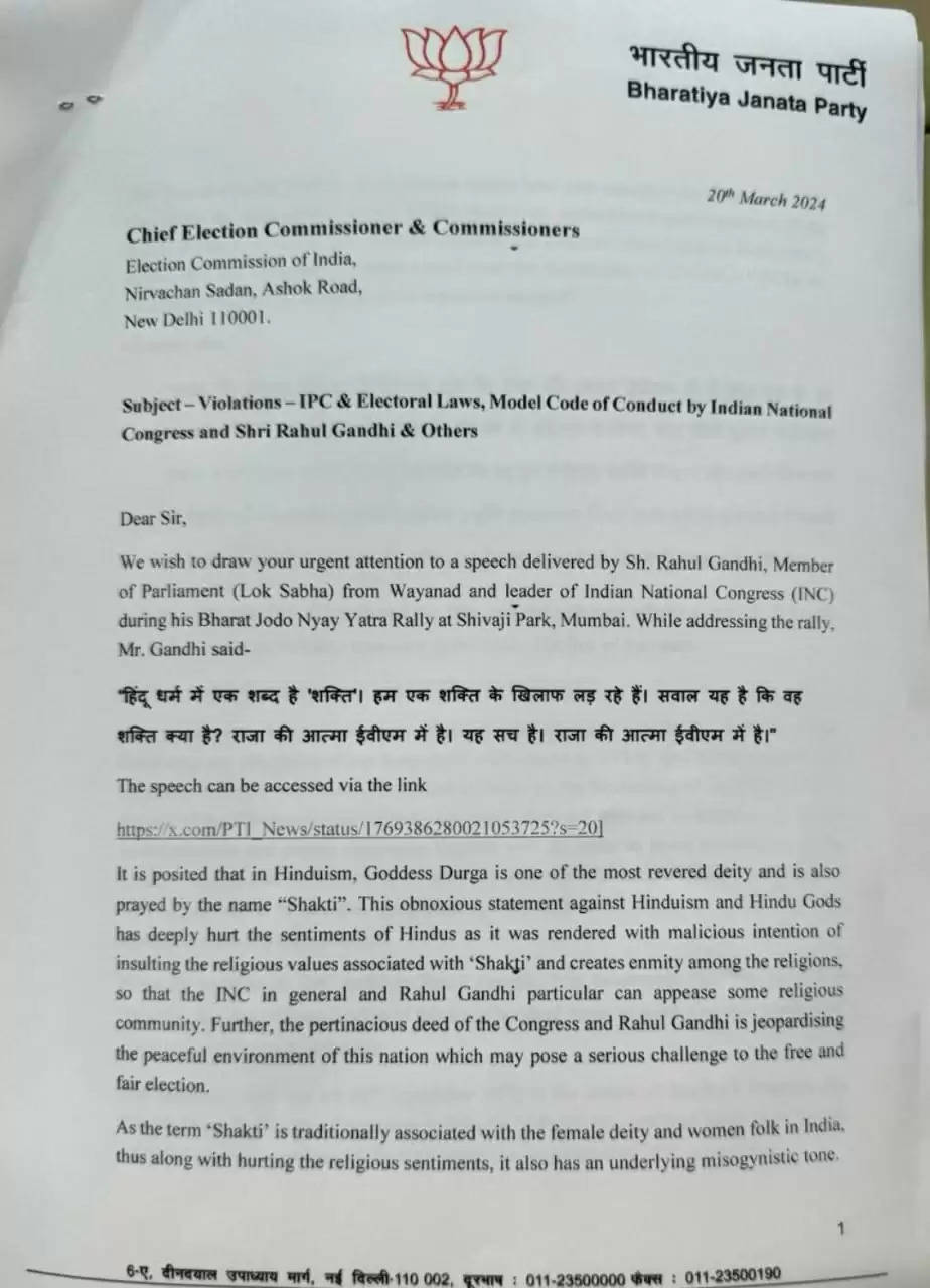  शक्ति वाले बयान पर भाजपा ने चुनाव आयोग से की राहुल गांधी की शिकायत
