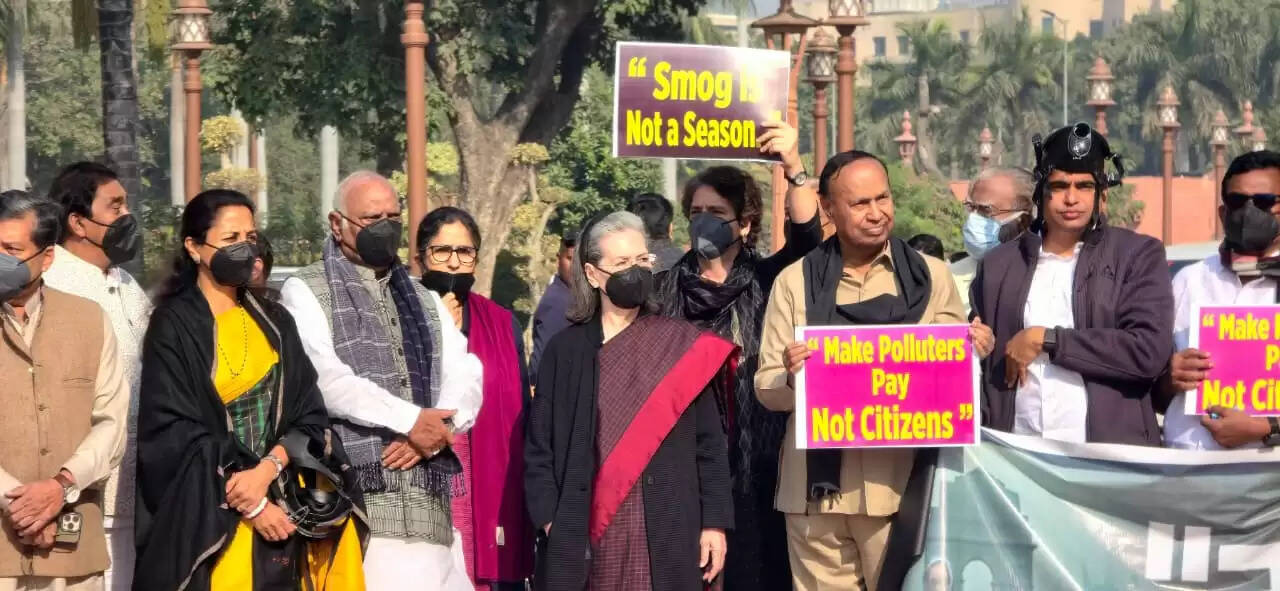   दिल्ली में खतरनाक प्रदूषण पर विपक्षी गठबंधन के सदस्यों का संसद परिसर में प्रदर्शन, सोनिया बोलीं- मुझे सांस लेने में दिक्कत